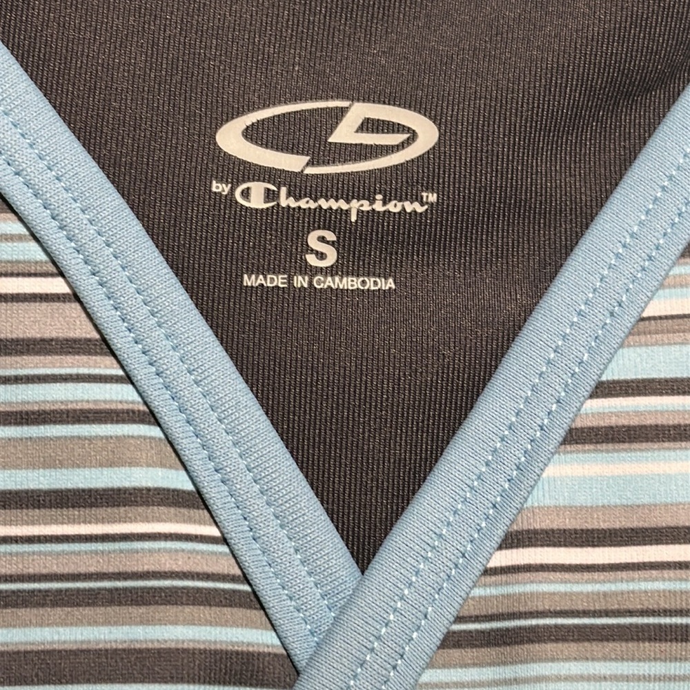 Sleeveless athletic top by Champion faux-wrap stripes blue white grey Adult S - Picture 3 of 9